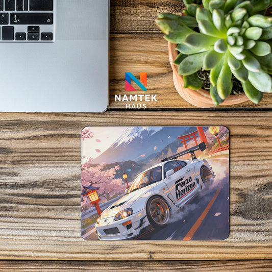Forza Horizon racing mouse pad featuring a drifting white JDM car with Mount Fuji, cherry blossoms, and Japanese torii gates