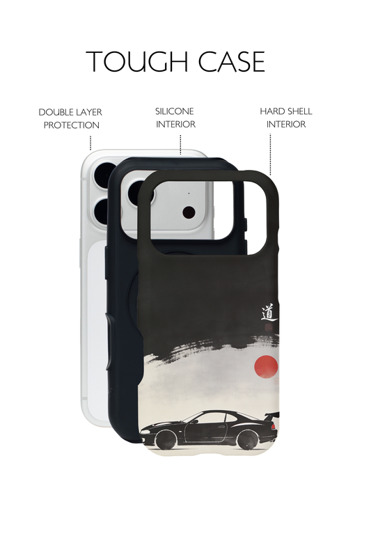 Japanese minimalist JDM car phone case featuring black sports car and red sun ink design