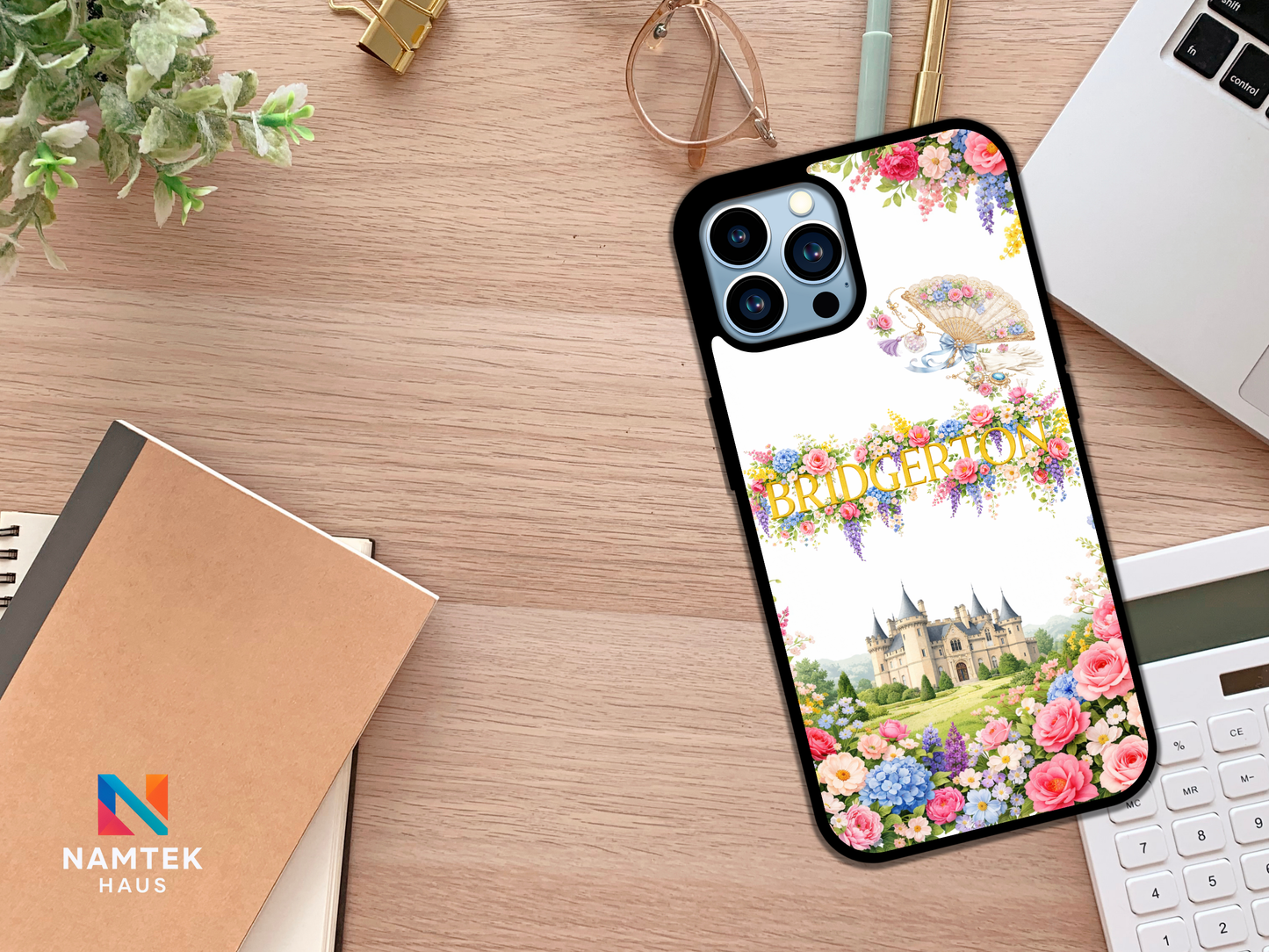 Bridgerton phone case with elegant pastel flowers framing a grand castle and vintage fan on a white background.