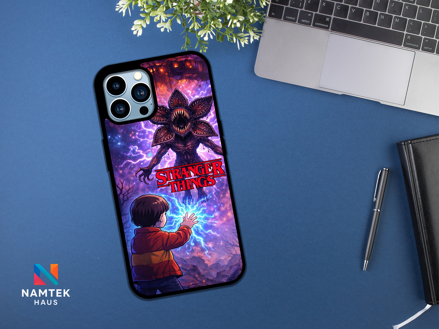 Stranger Things phone case with cartoon Will facing a roaring Demogorgon, surrounded by purple lightning and the Stranger Things.