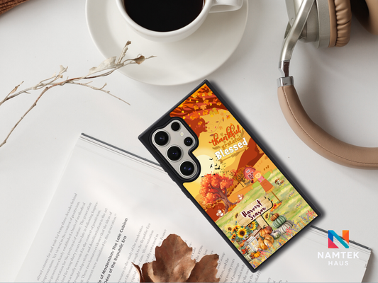 Thankful Grateful Blessed Harvest Season Phone Case – Fall Autumn Pumpkin & Sunflower Farm Design