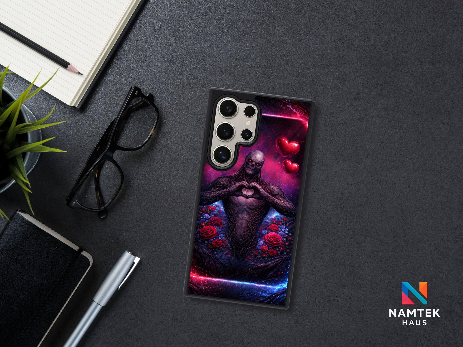 Vecna Stranger Things Valentines phone case with dark fantasy monster forming a glowing heart with his hands, surrounded by red roses and floating hearts on a purple galaxy background.