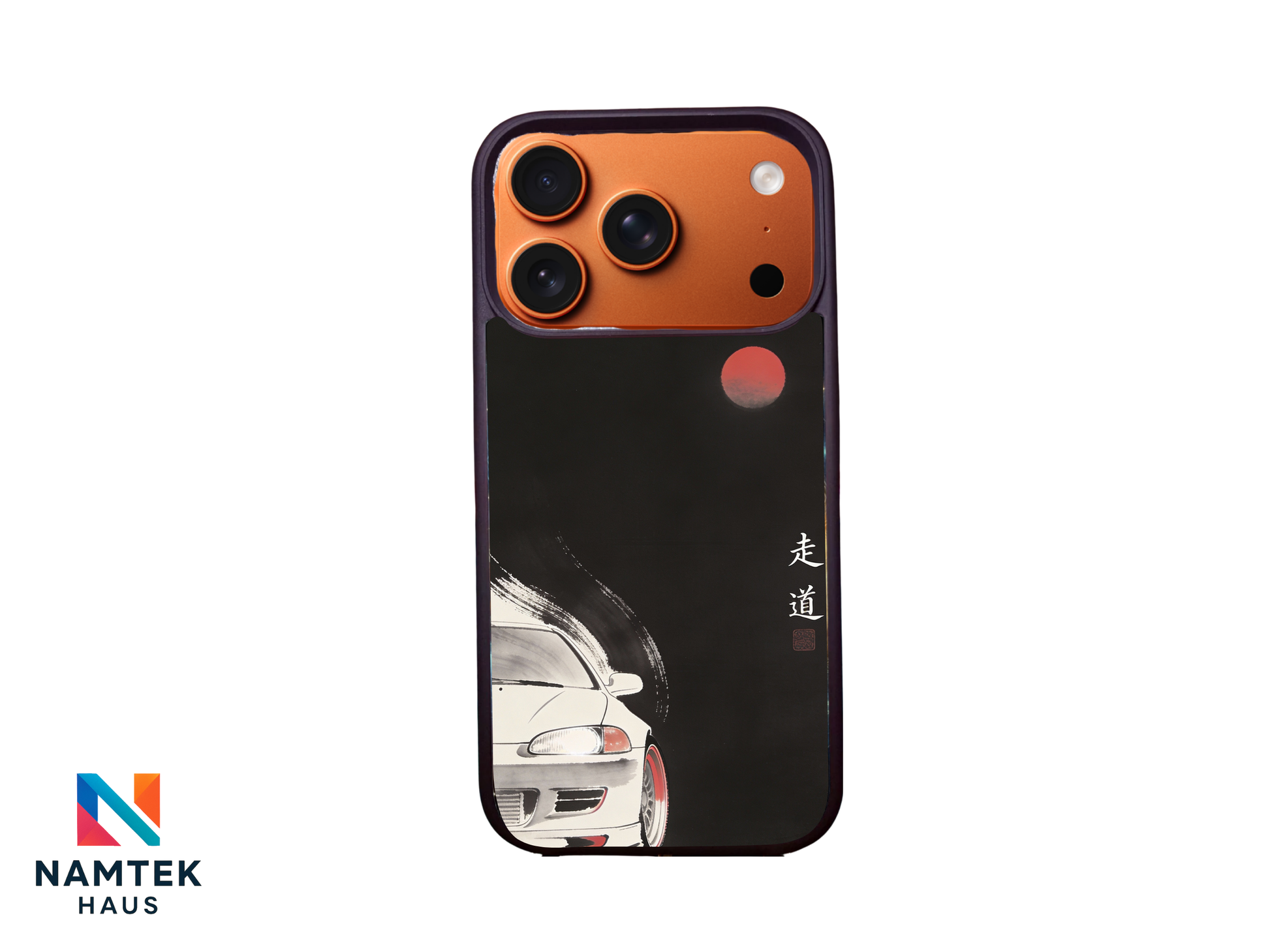 Japanese minimalist JDM car phone case featuring black sports car and red sun ink design