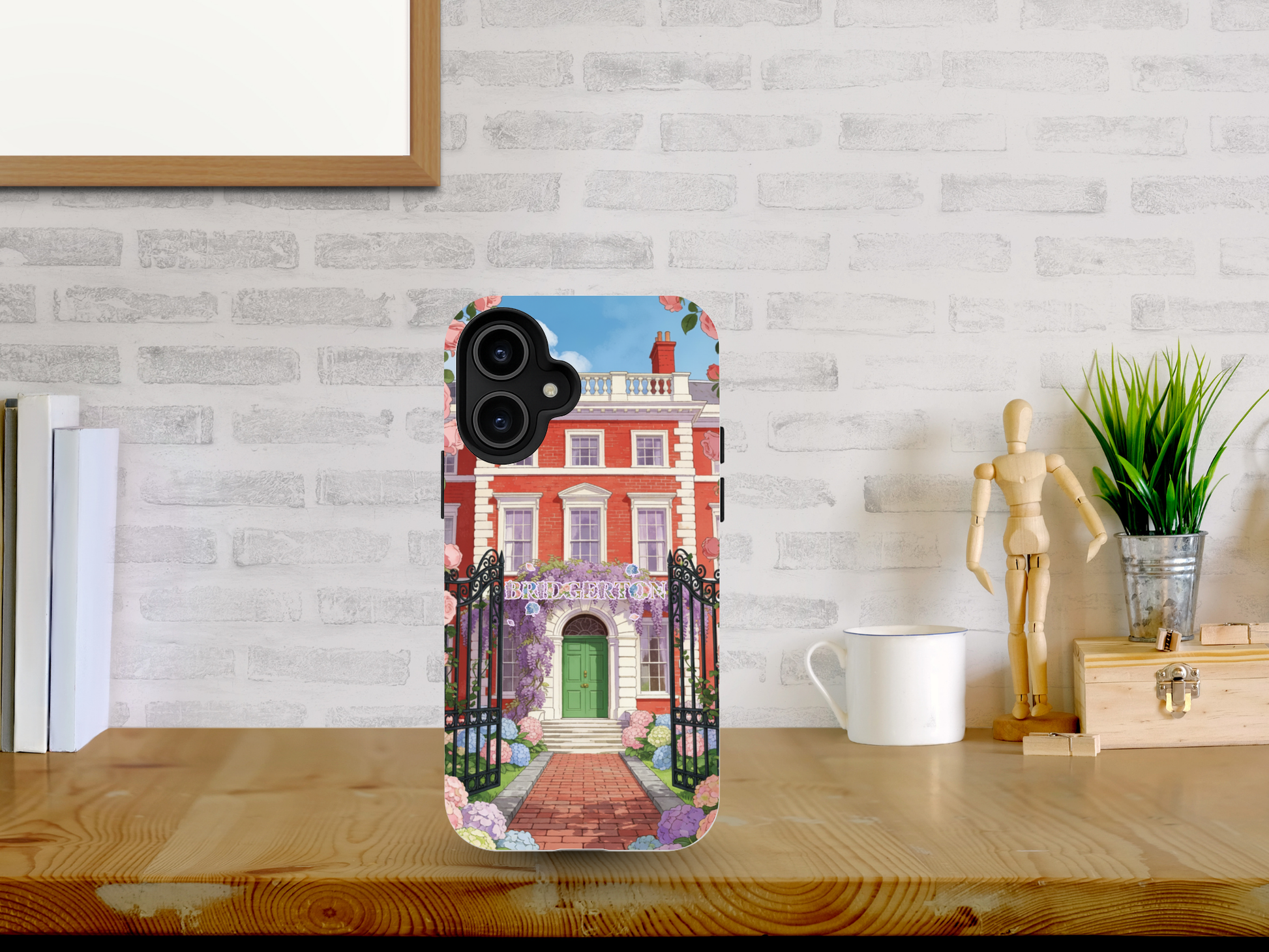 Bridgerton phone case with elegant pastel flowers framing a grand castle and vintage fan on a white background.