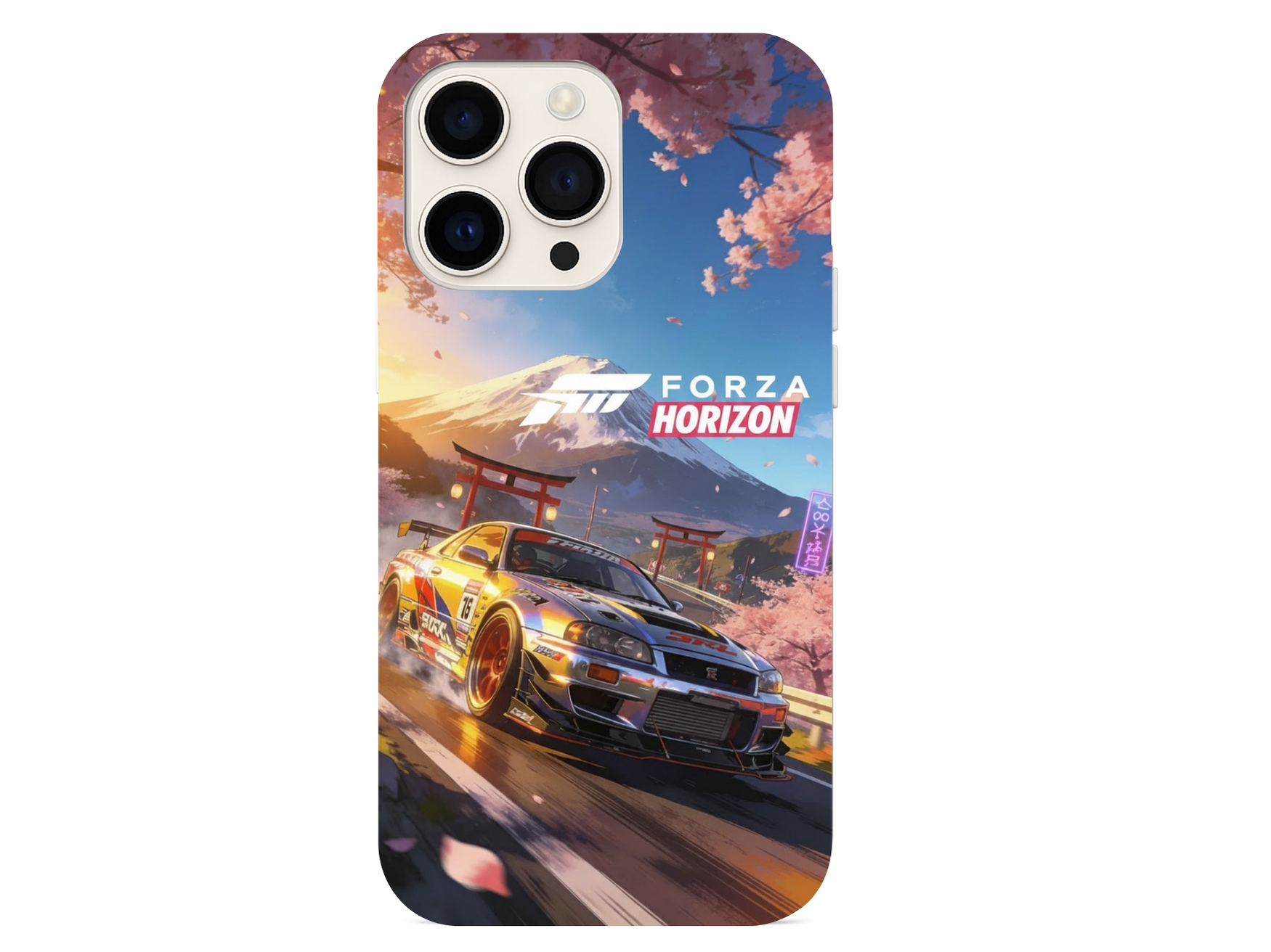 JDM racing car phone case with skyline drift car driving under cherry blossoms and Mount Fuji at sunset in Forza Horizon style.