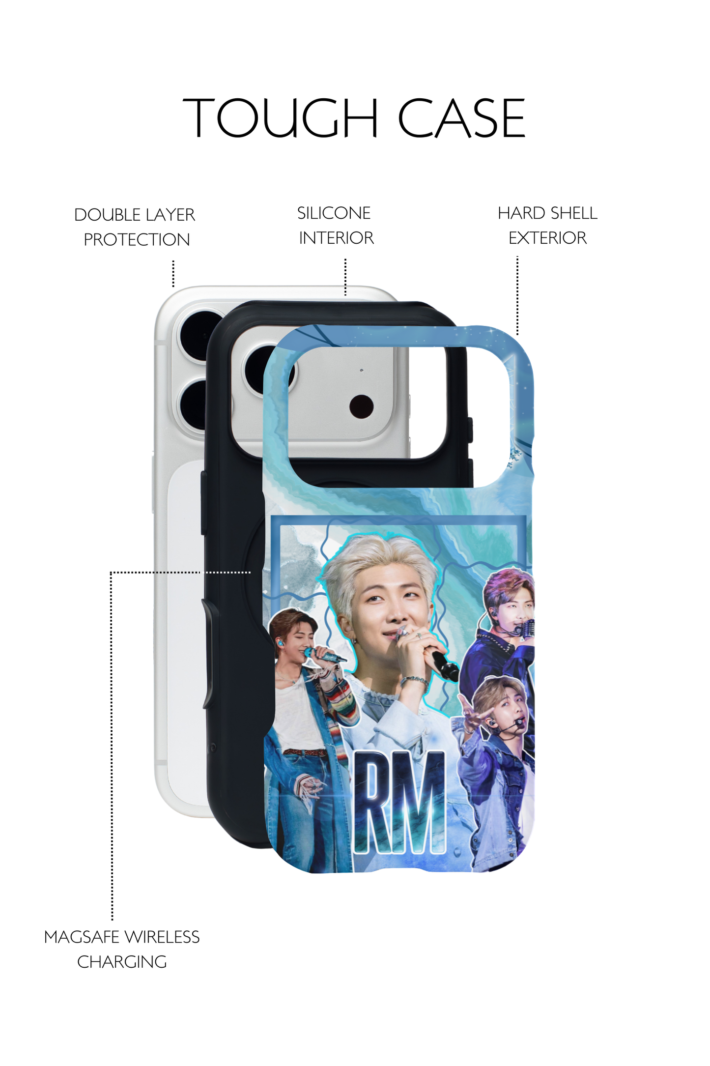 BTS RM phone case featuring blue marble aesthetic and concert imagery