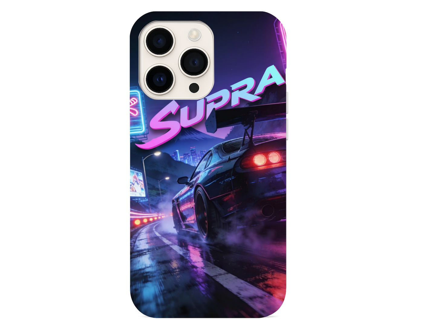 Forza Horizon Supra street racing phone case with white racing car and neon city background