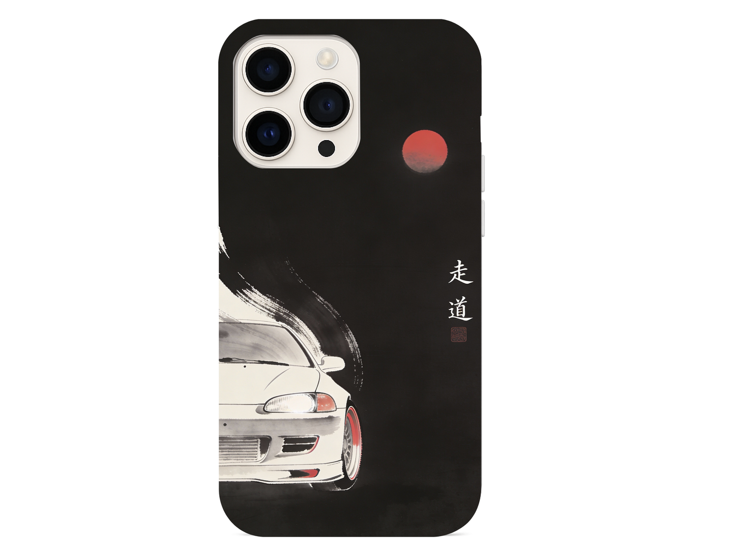 Japanese minimalist JDM car phone case featuring black sports car and red sun ink design