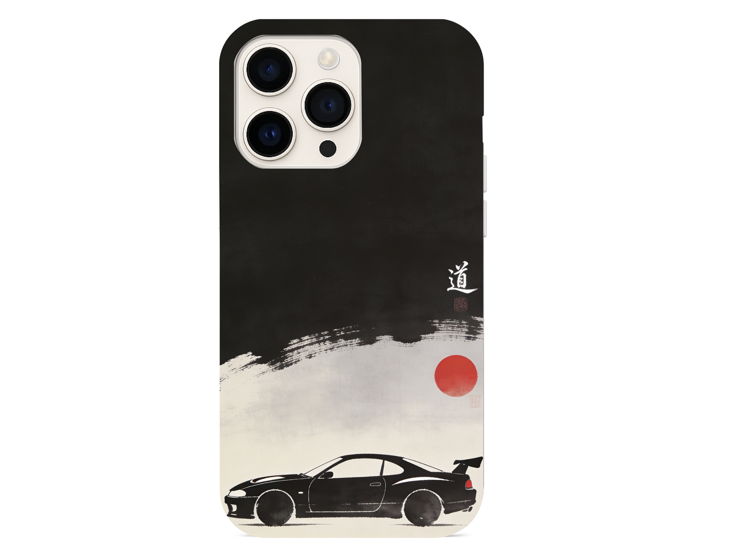 Japanese minimalist JDM car phone case featuring black sports car and red sun ink design