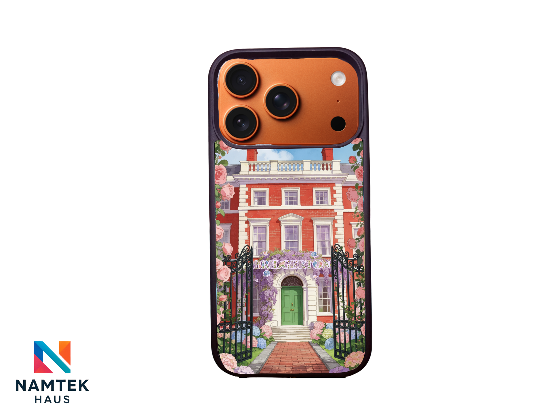 Bridgerton phone case with elegant pastel flowers framing a grand castle and vintage fan on a white background.