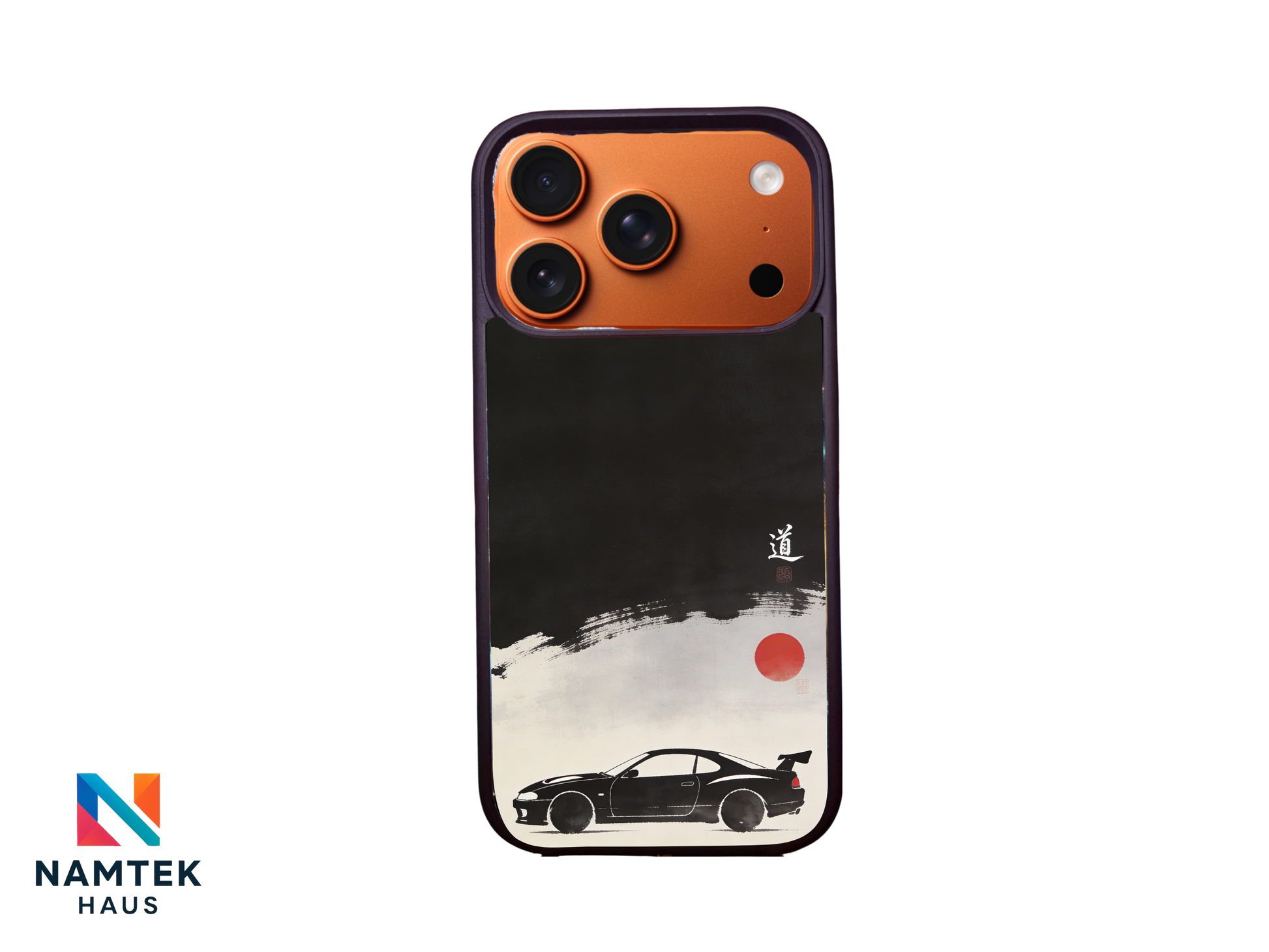 Japanese minimalist JDM car phone case featuring black sports car and red sun ink design
