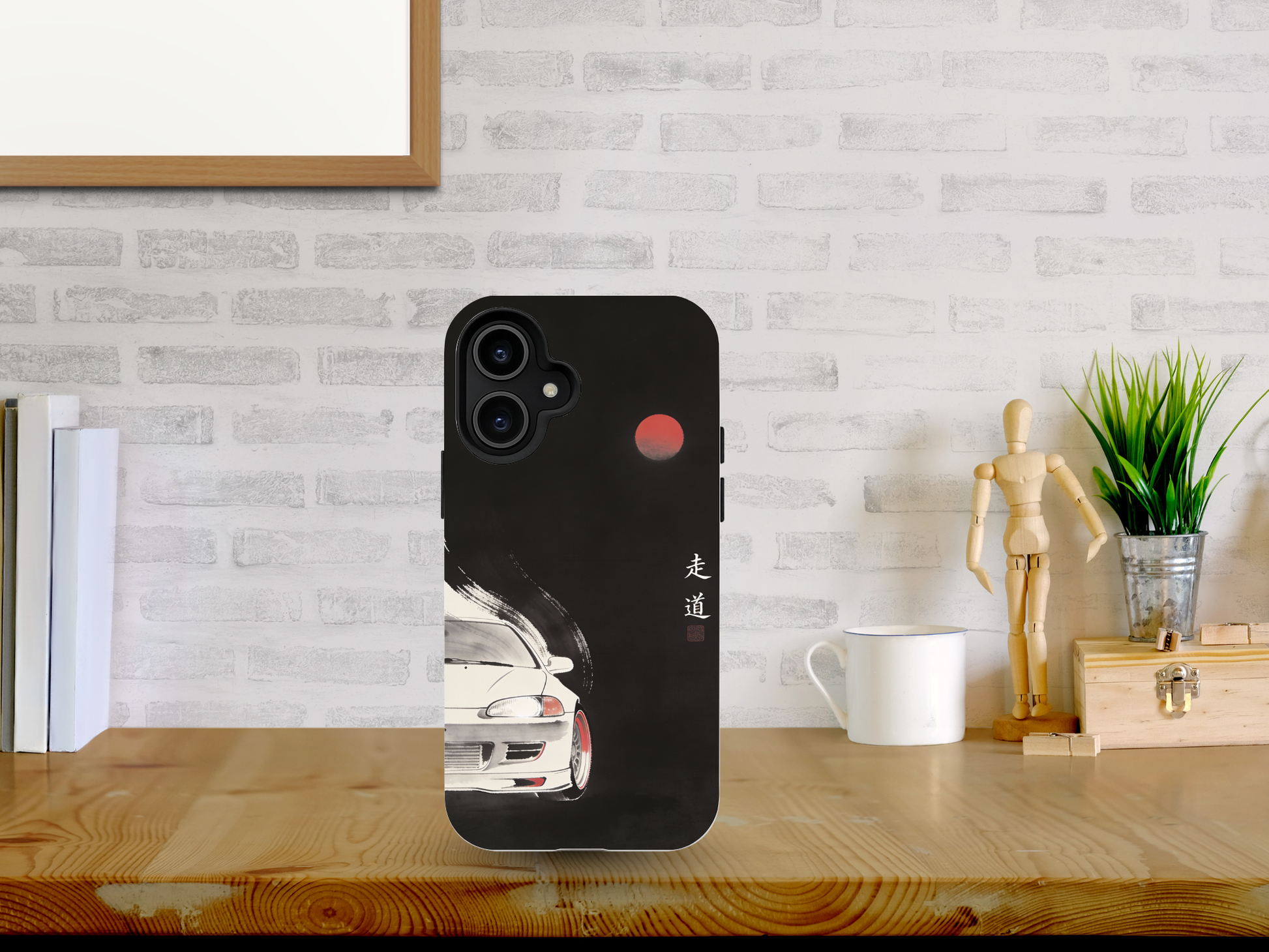 Japanese minimalist JDM car phone case featuring black sports car and red sun ink design