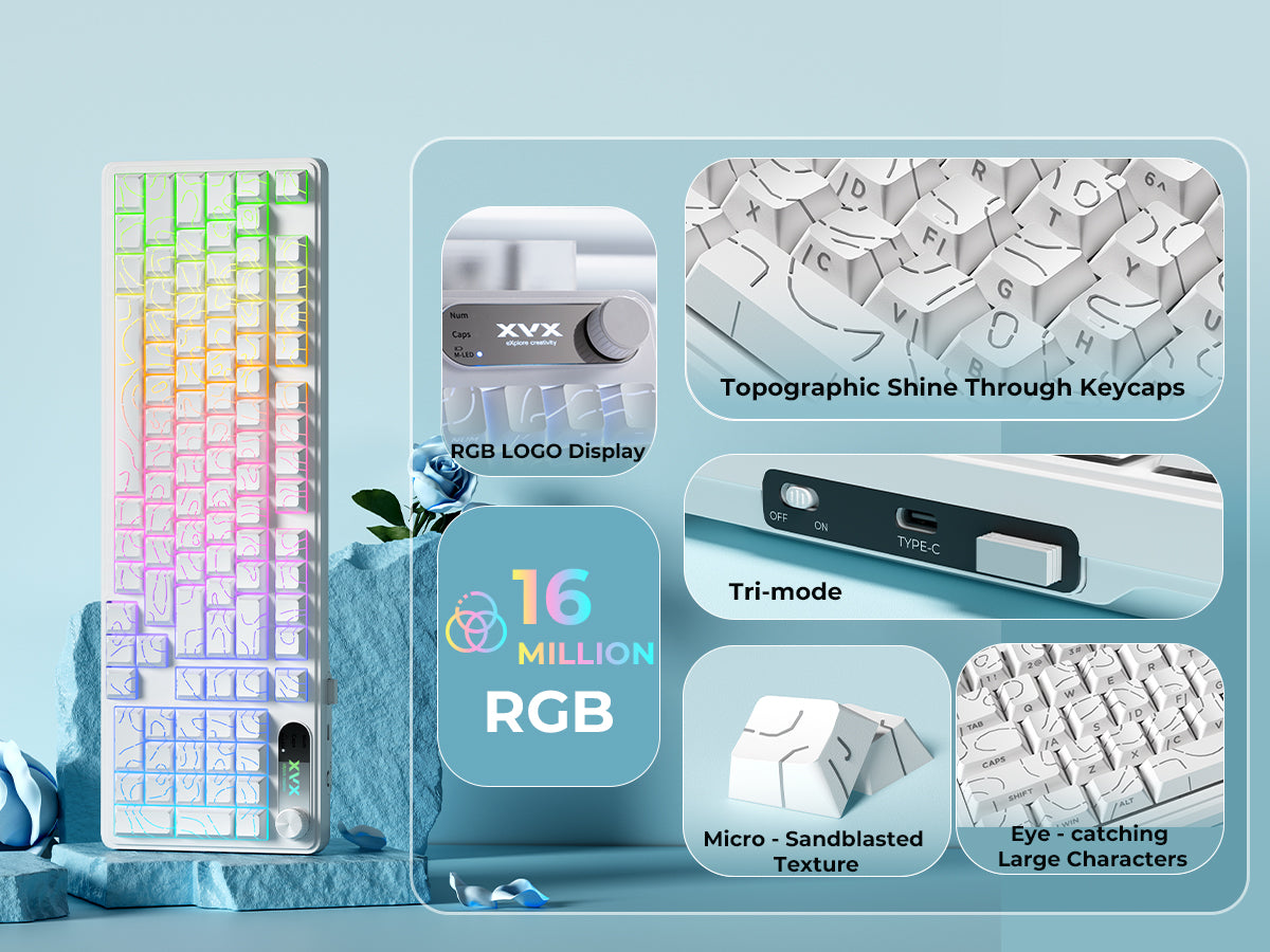XVX K98 Silent Key Tri-Mode 100% Membrane Keyboard with Topography pattern keycaps
