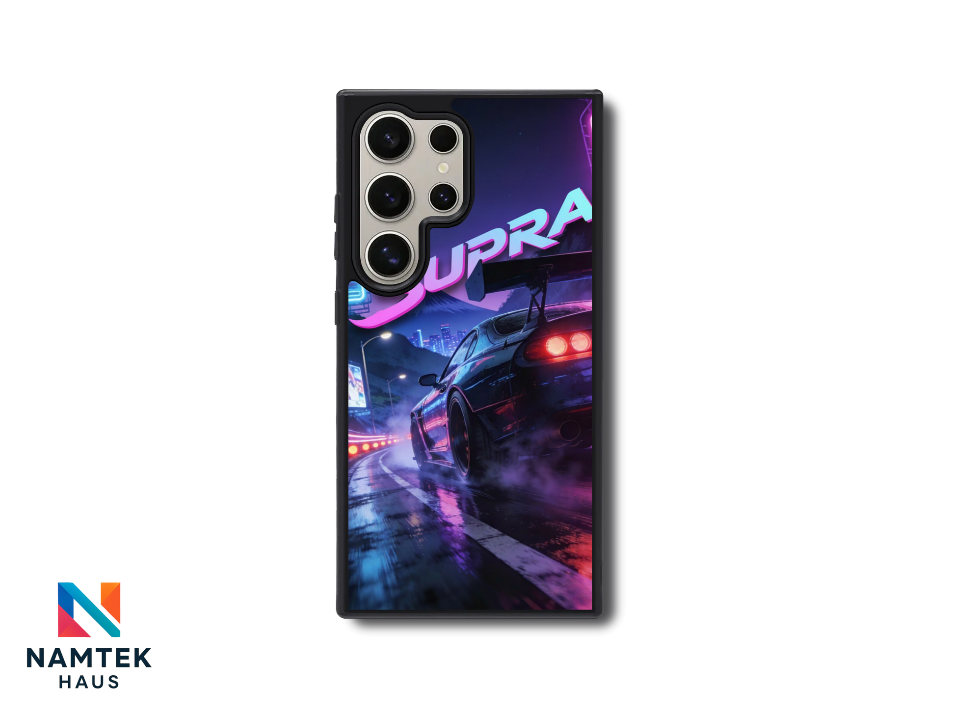 Phone with Forza Horizon Supra street racing case displayed on desk