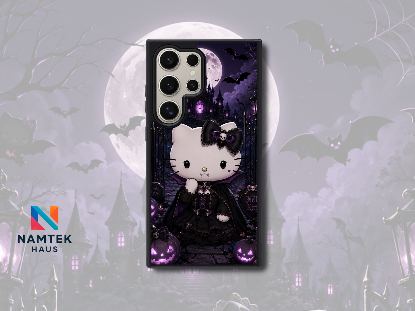 Gothic Vampire Kitty Phone Case – Purple Halloween Design