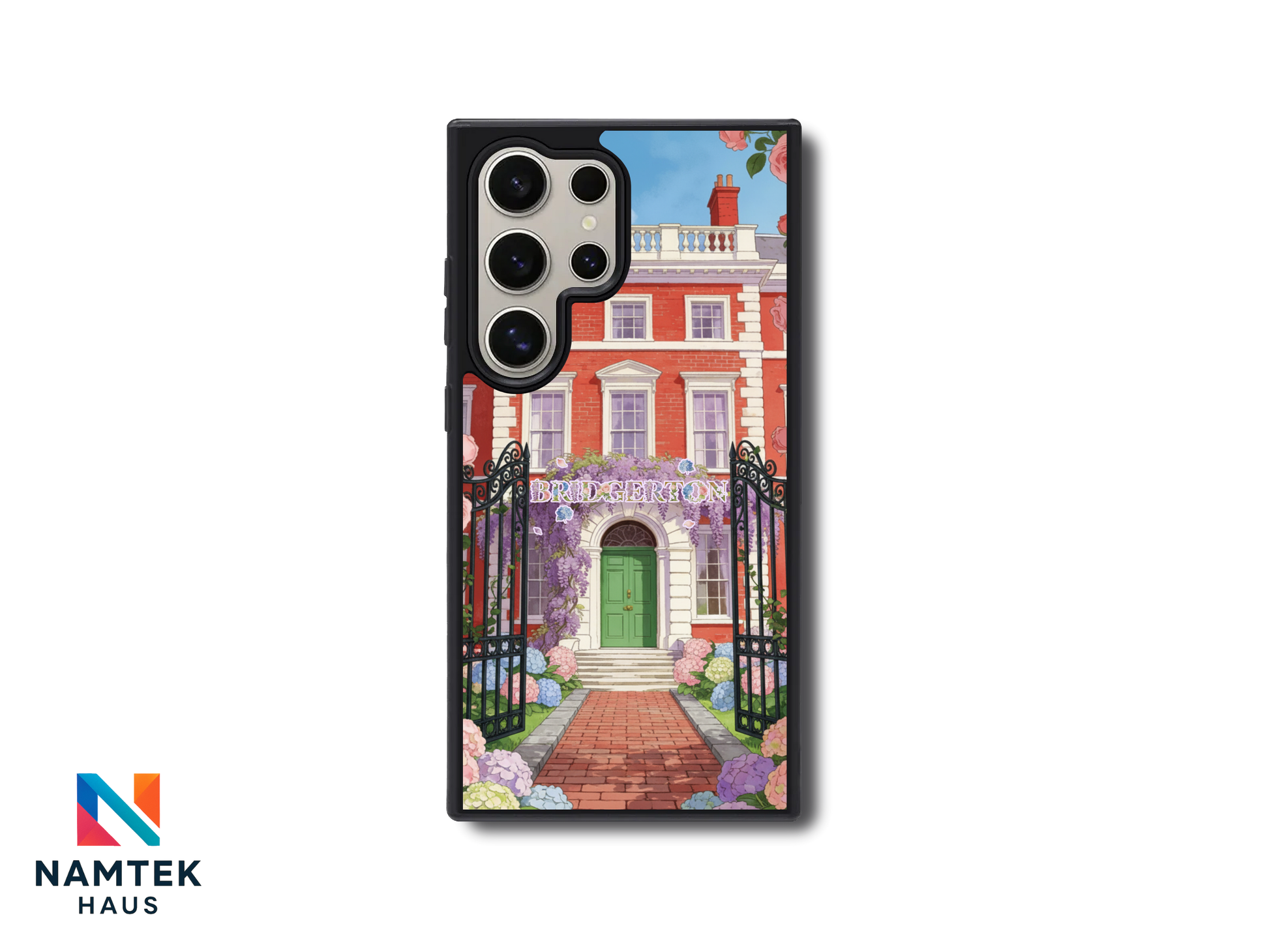 Bridgerton phone case with elegant pastel flowers framing a grand castle and vintage fan on a white background.