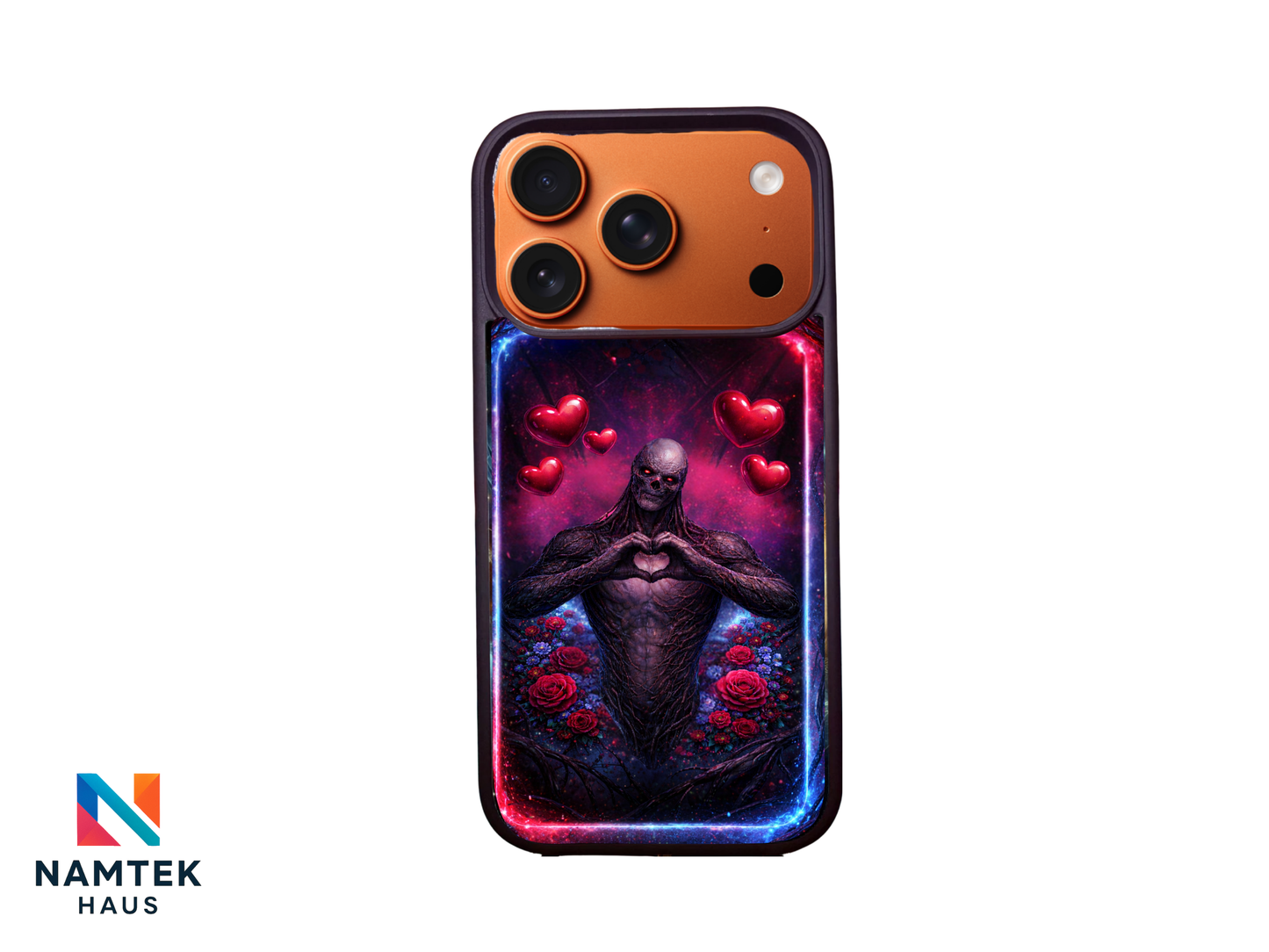 Vecna Stranger Things Valentines phone case with dark fantasy monster forming a glowing heart with his hands, surrounded by red roses and floating hearts on a purple galaxy background.