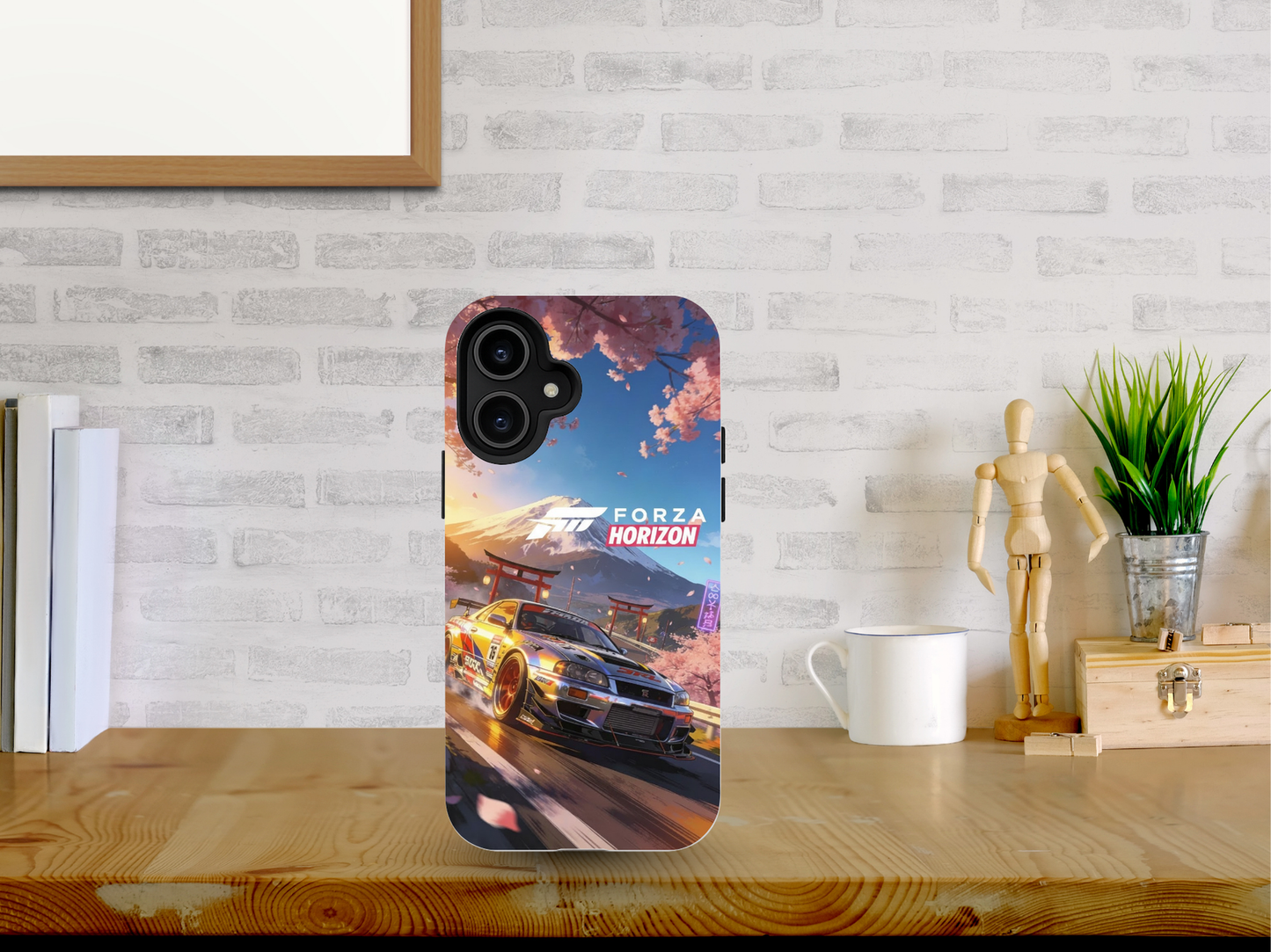 JDM racing car phone case with skyline drift car driving under cherry blossoms and Mount Fuji at sunset in Forza Horizon style.