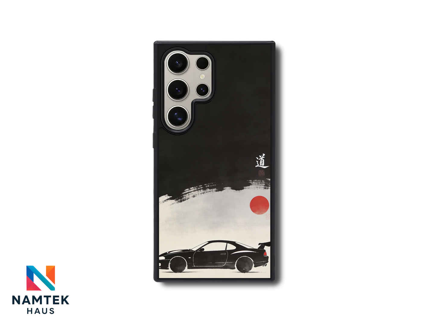 Japanese minimalist JDM car phone case featuring black sports car and red sun ink design