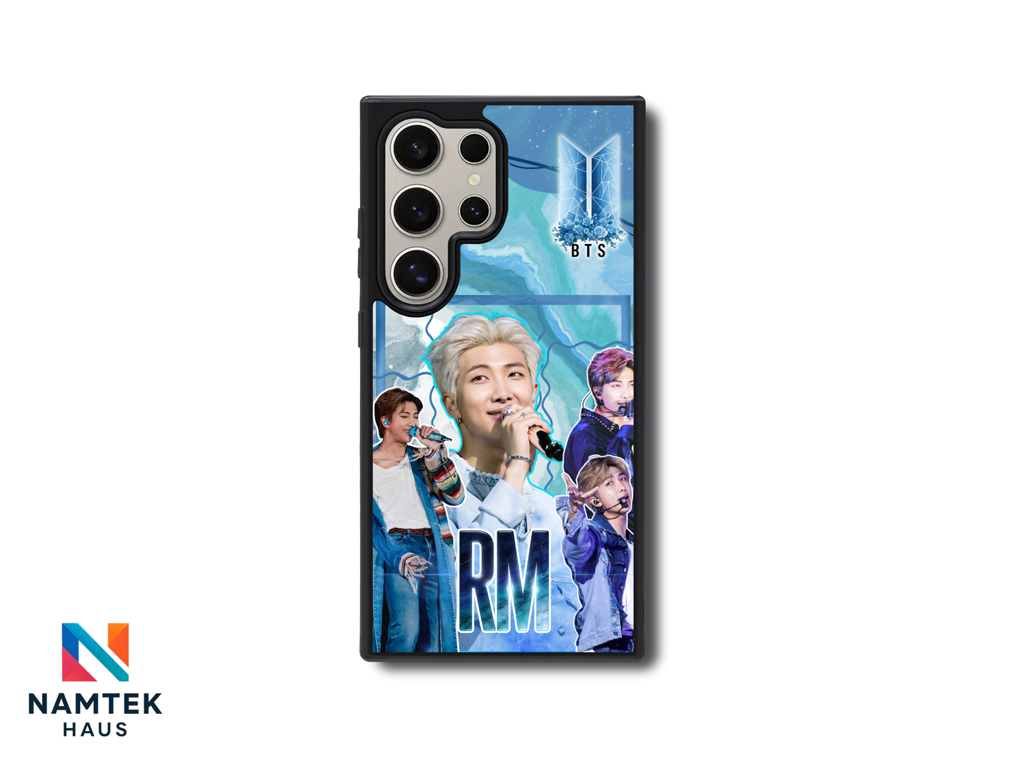 RM BTS phone case showing blue marble background and galaxy-inspired design