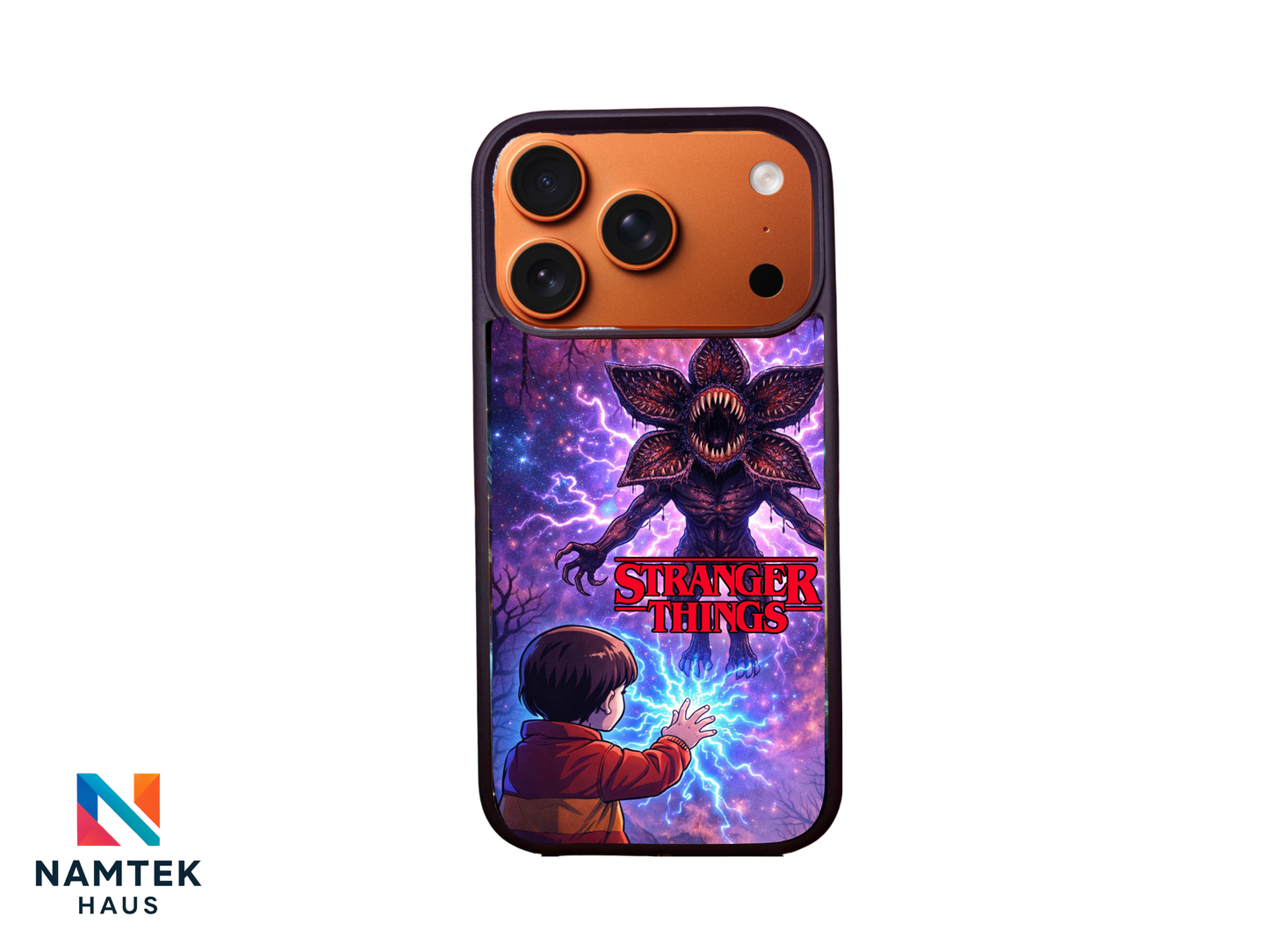 Stranger Things phone case with cartoon Will facing a roaring Demogorgon, surrounded by purple lightning and the Stranger Things.