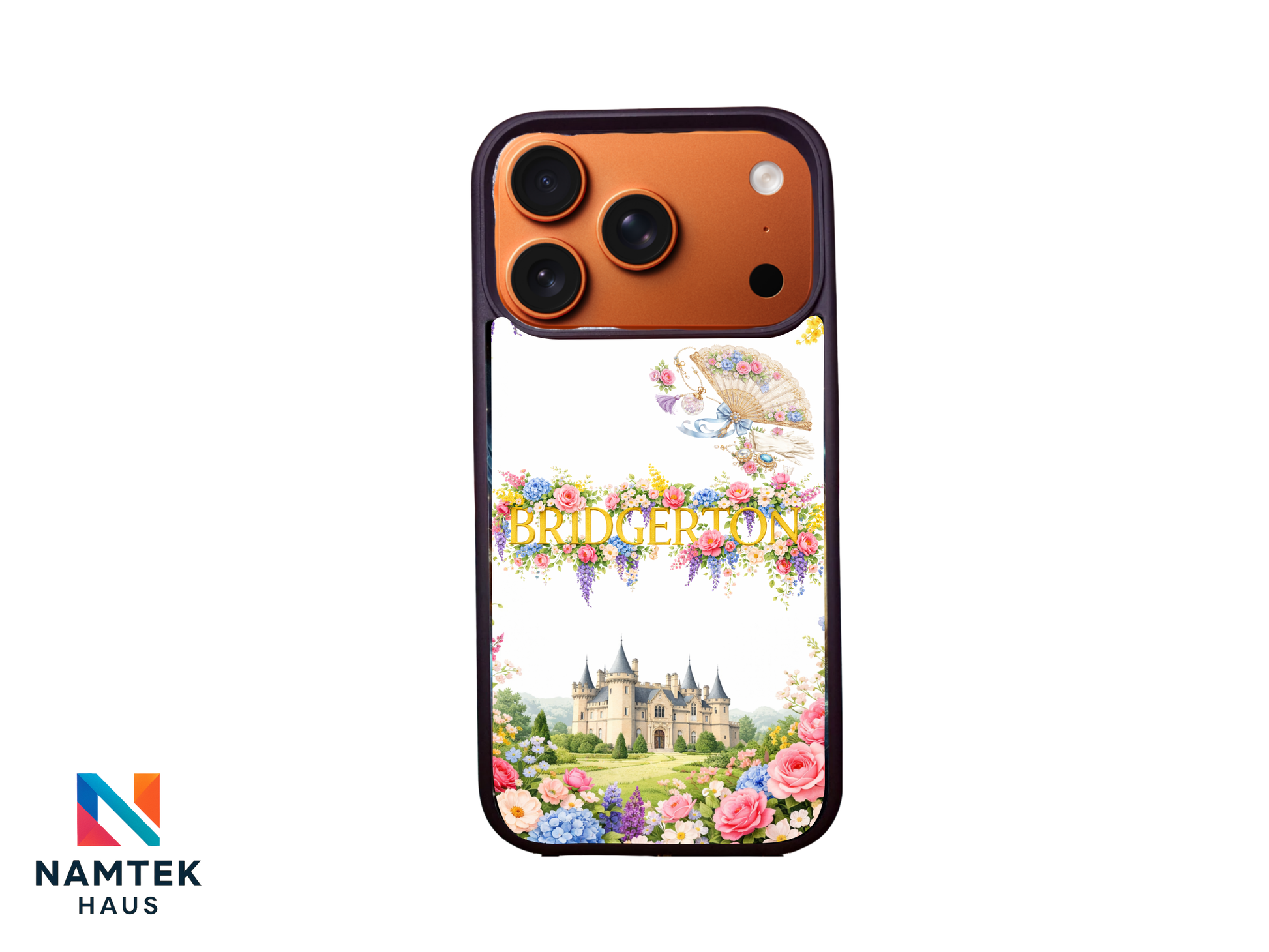 Bridgerton phone case with elegant pastel flowers framing a grand castle and vintage fan on a white background.