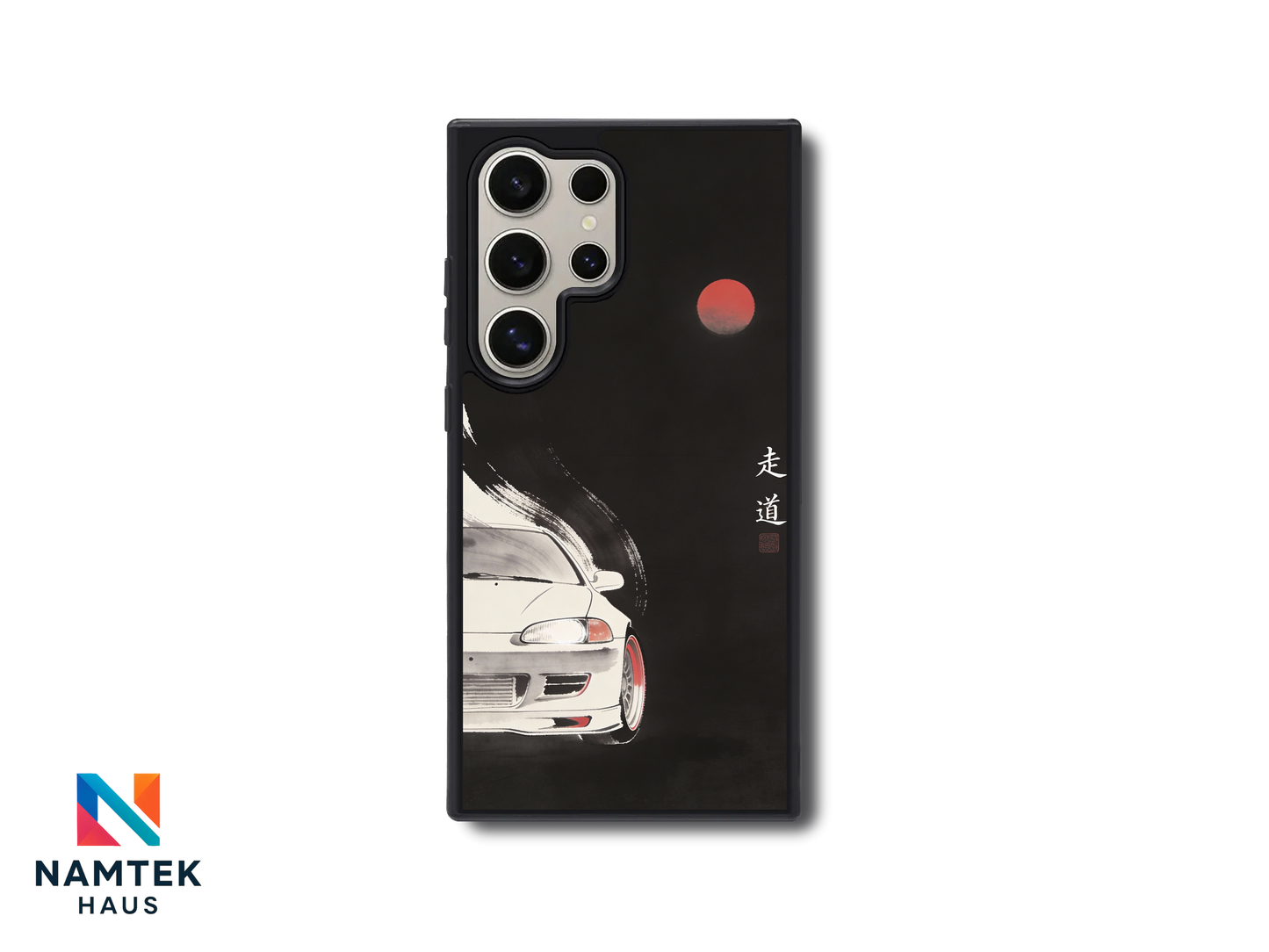 Japanese minimalist JDM car phone case featuring black sports car and red sun ink design