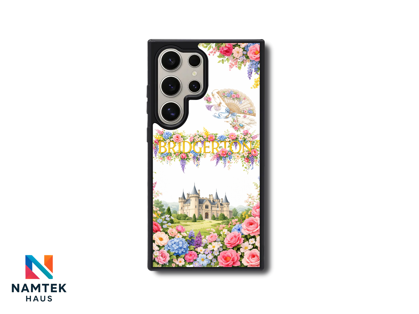 Bridgerton phone case with elegant pastel flowers framing a grand castle and vintage fan on a white background.