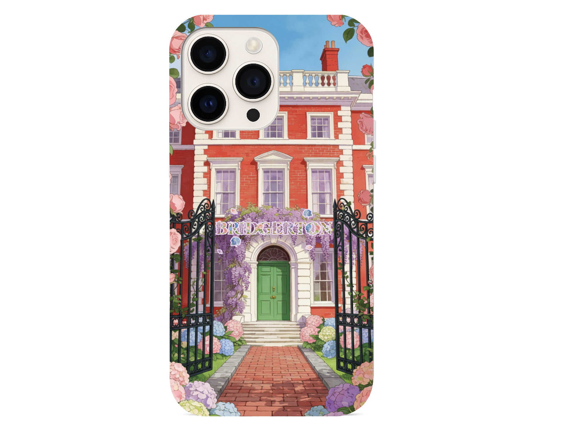 Bridgerton phone case with elegant pastel flowers framing a grand castle and vintage fan on a white background.