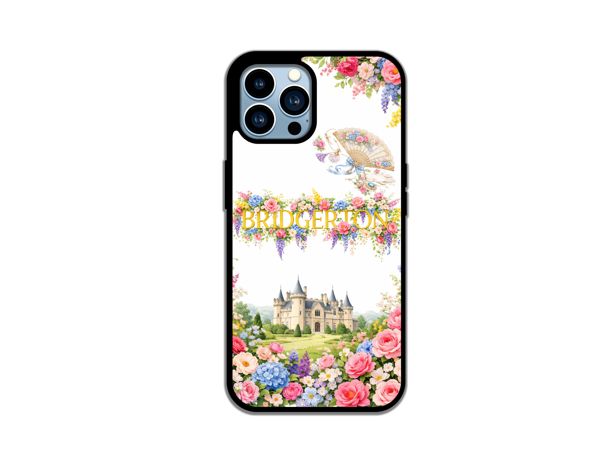 Bridgerton phone case with elegant pastel flowers framing a grand castle and vintage fan on a white background.