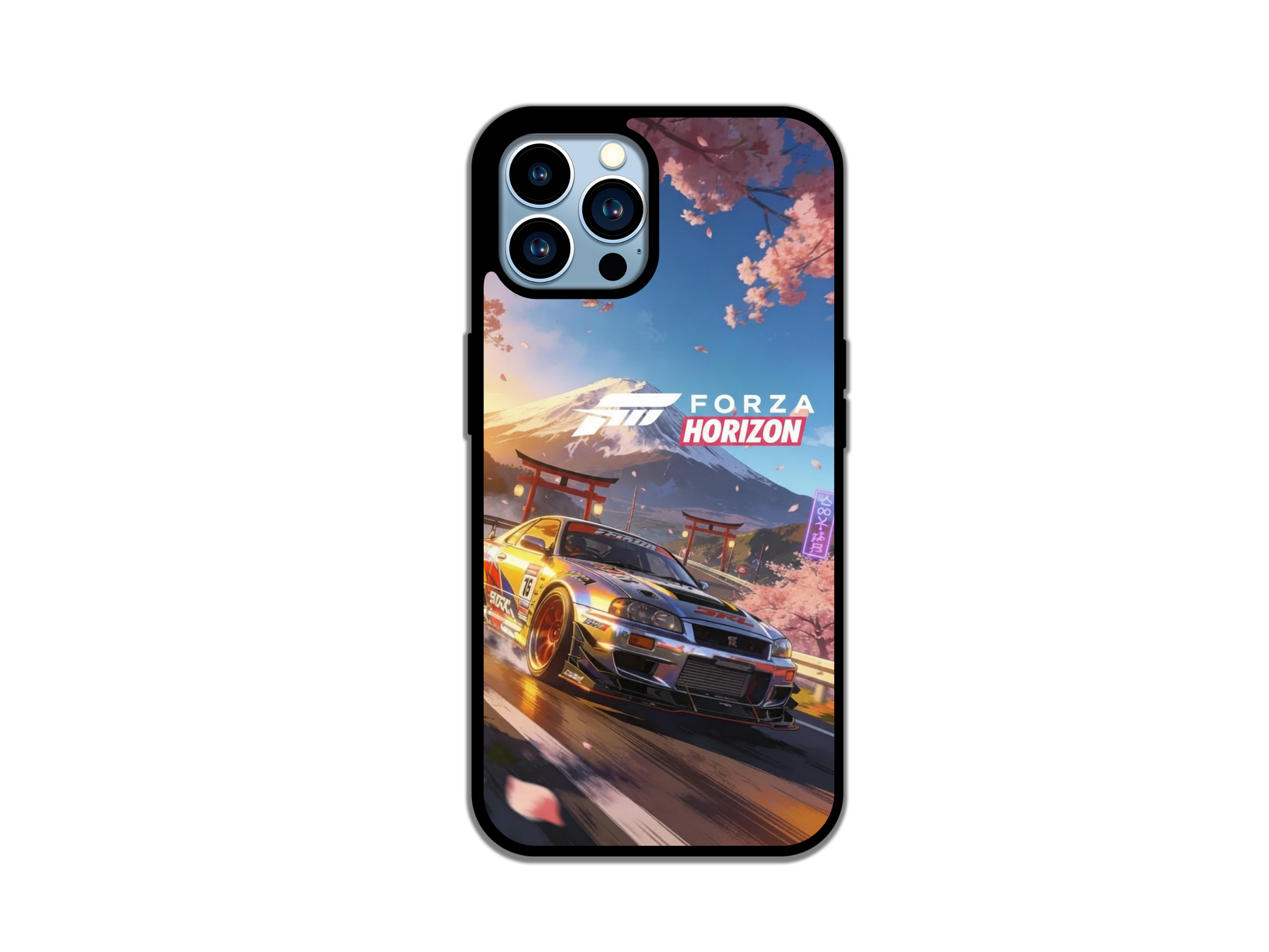 JDM racing car phone case with skyline drift car driving under cherry blossoms and Mount Fuji at sunset in Forza Horizon style.
