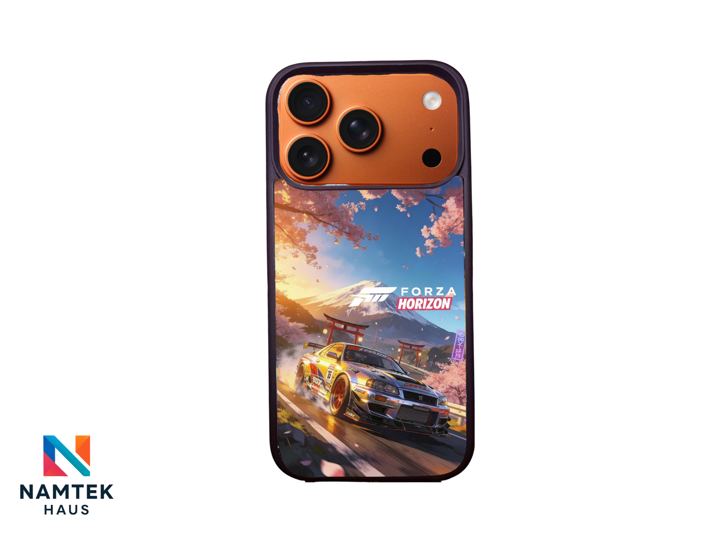 JDM racing car phone case with skyline drift car driving under cherry blossoms and Mount Fuji at sunset in Forza Horizon style.