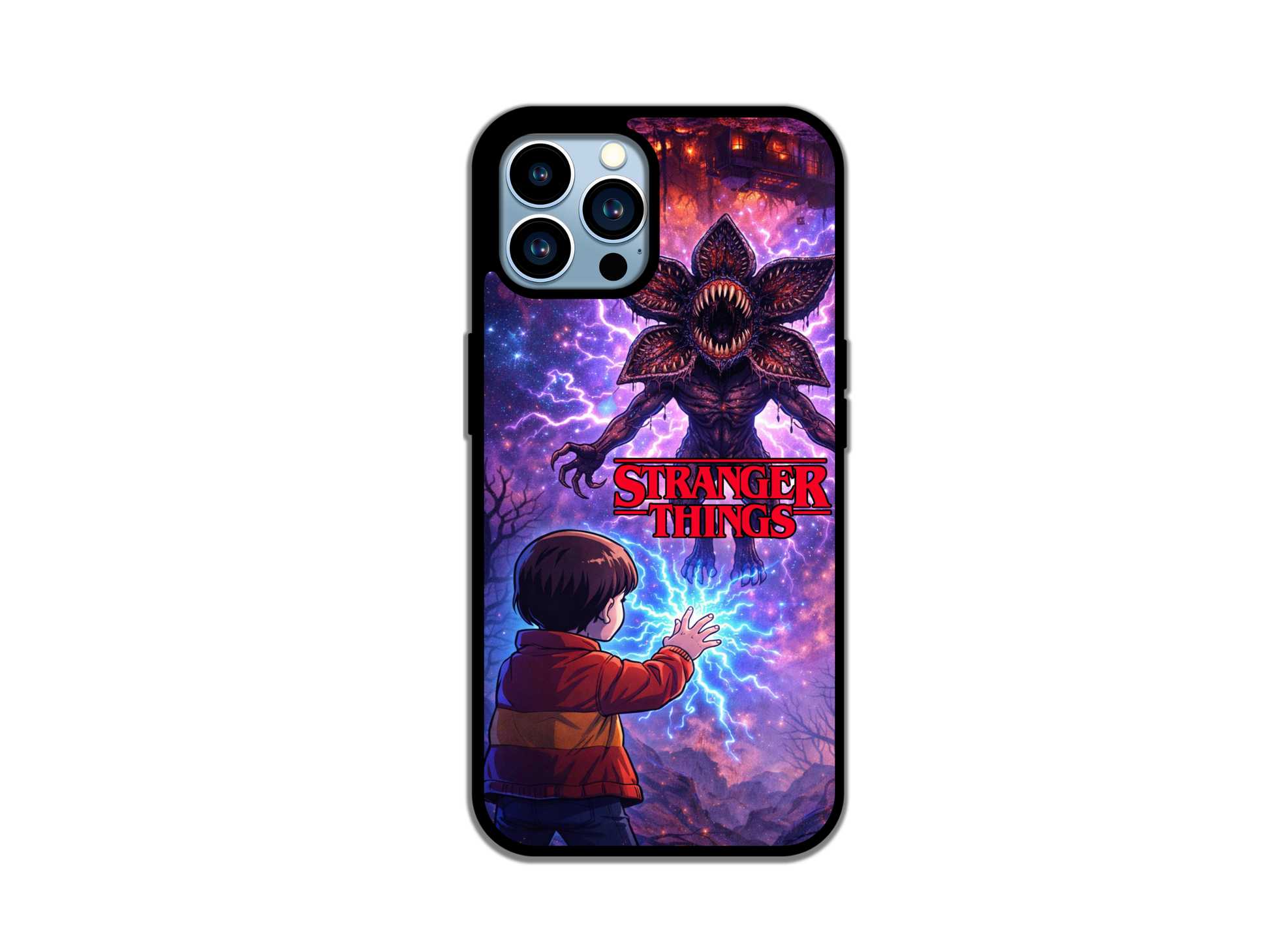 Stranger Things phone case with cartoon Will facing a roaring Demogorgon, surrounded by purple lightning and the Stranger Things.
