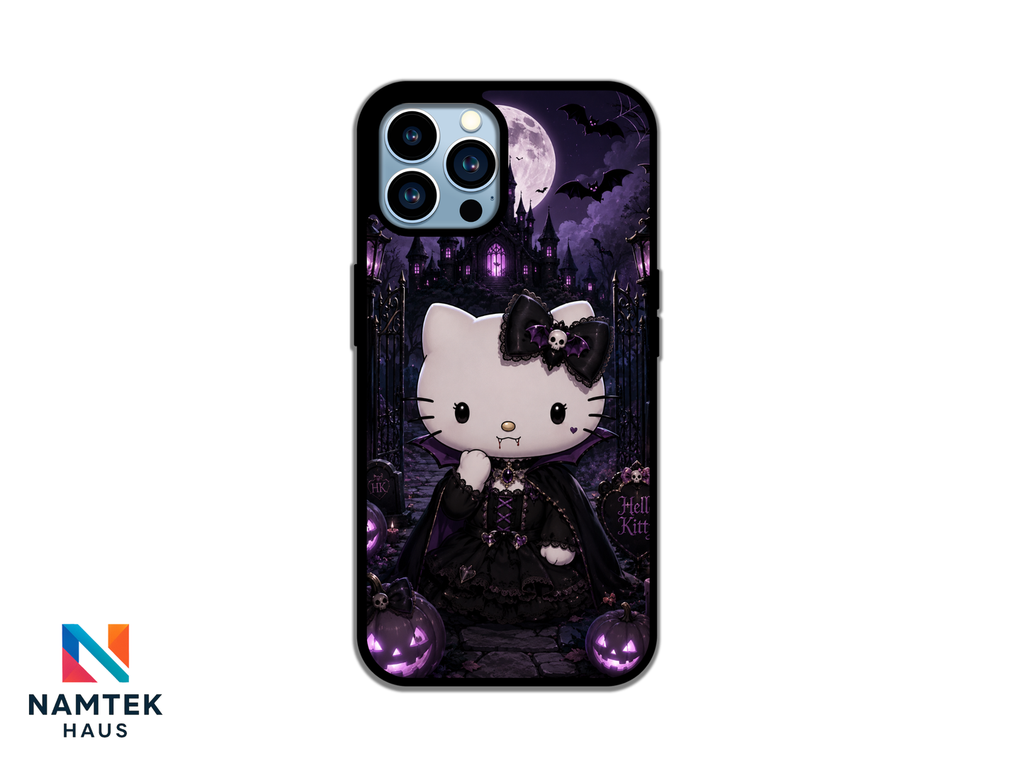 Purple gothic vampire kitty phone case featuring a moonlit castle, bats, and glowing Halloween pumpkins.