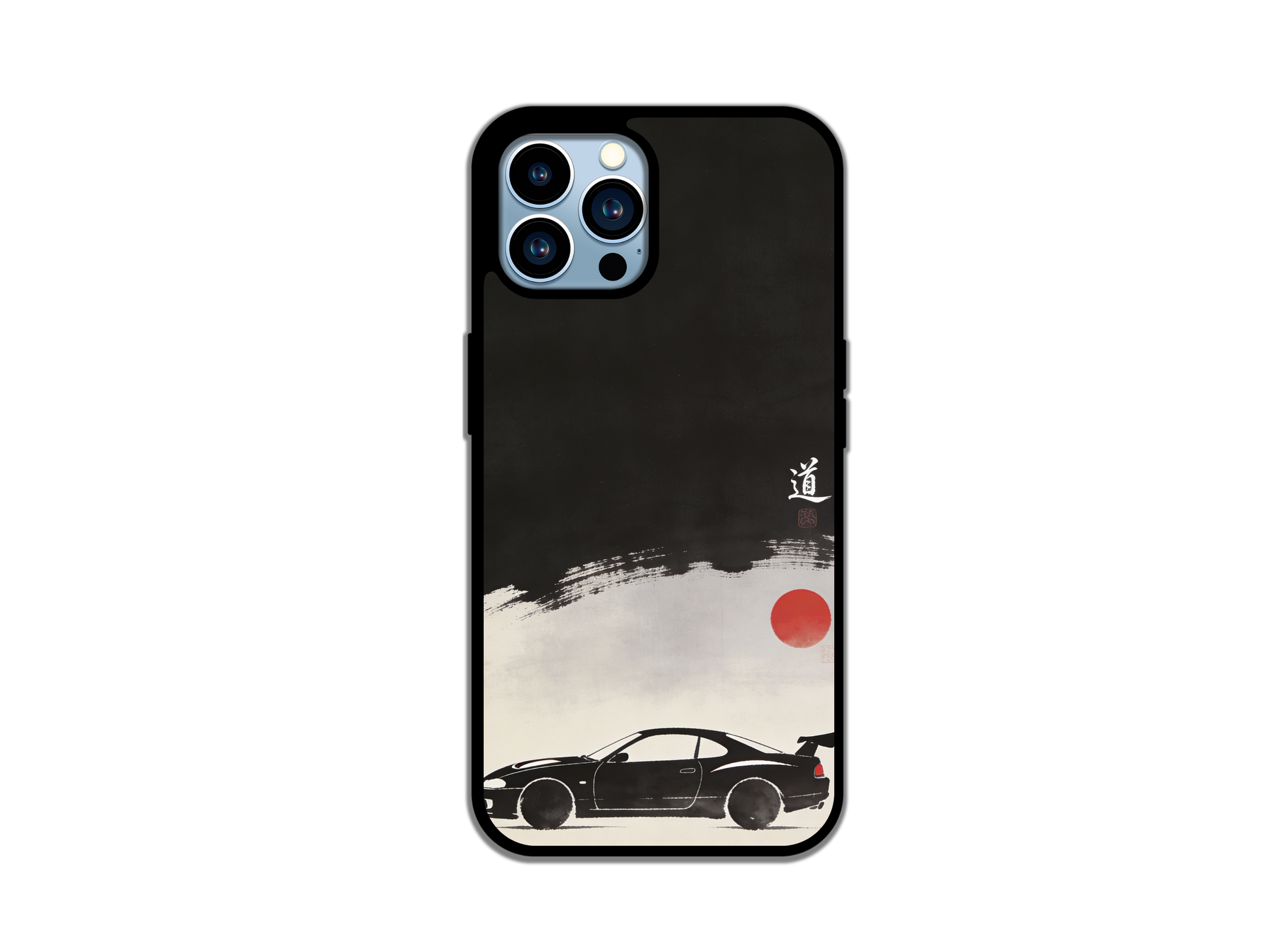 Japanese minimalist JDM car phone case featuring black sports car and red sun ink design