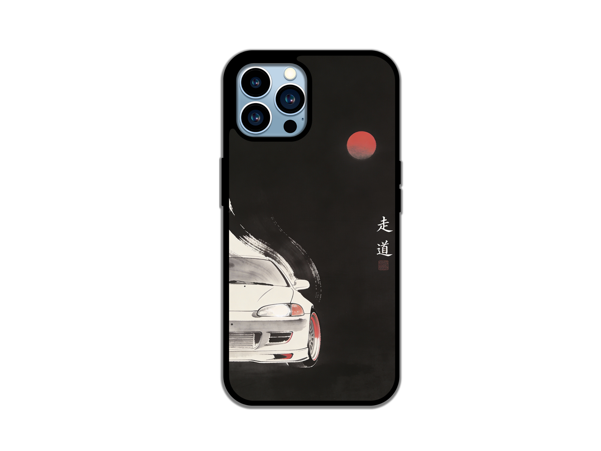 Japanese minimalist JDM car phone case featuring black sports car and red sun ink design
