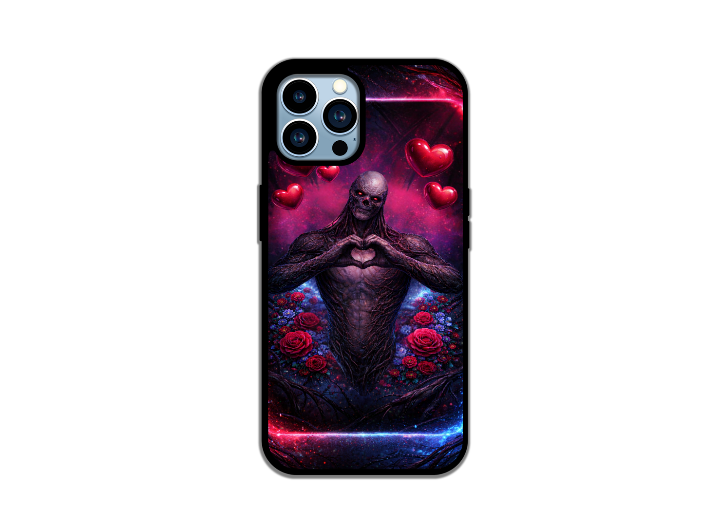 Vecna Stranger Things Valentines phone case with dark fantasy monster forming a glowing heart with his hands, surrounded by red roses and floating hearts on a purple galaxy background.