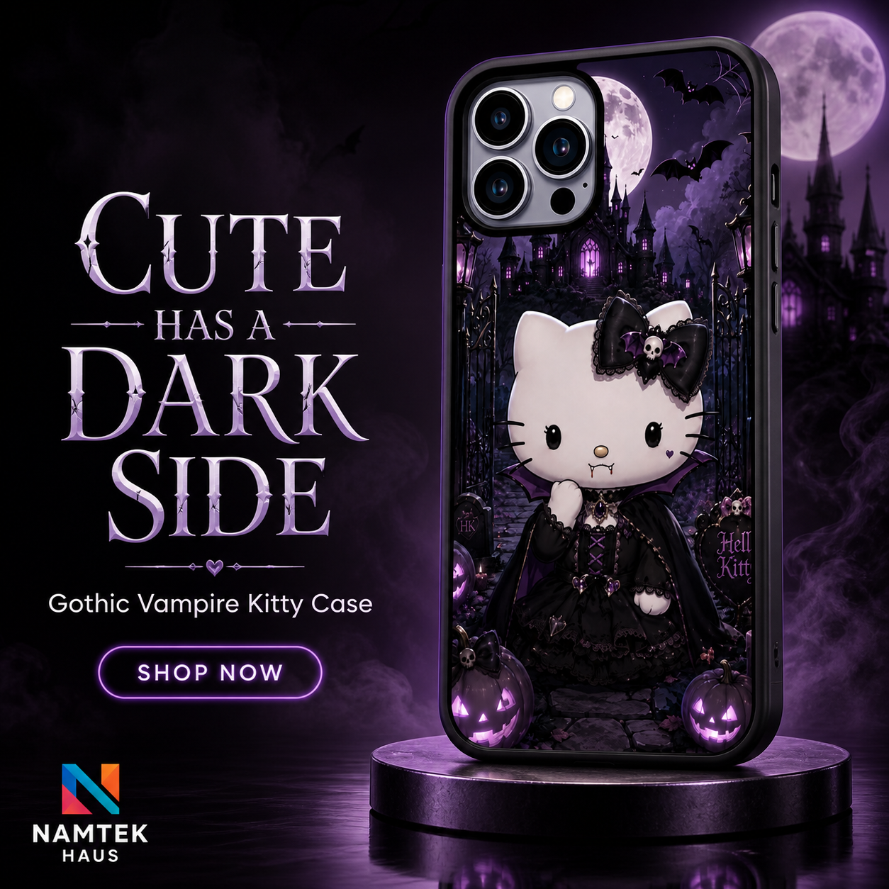 Purple gothic vampire kitty phone case featuring a moonlit castle, bats, and glowing Halloween pumpkins.