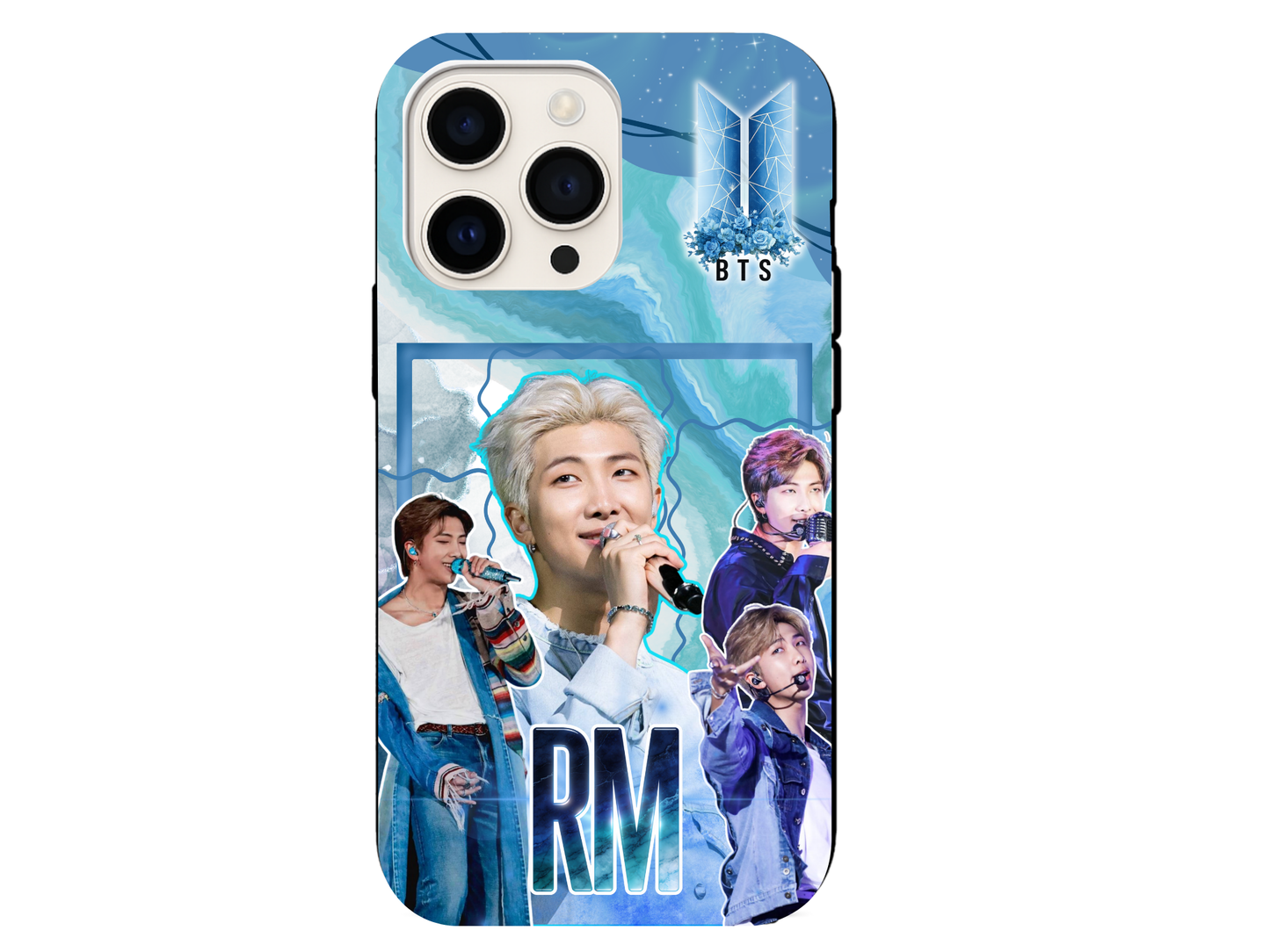 RM BTS blue marble galaxy iPhone case with BTS logo and performance collage