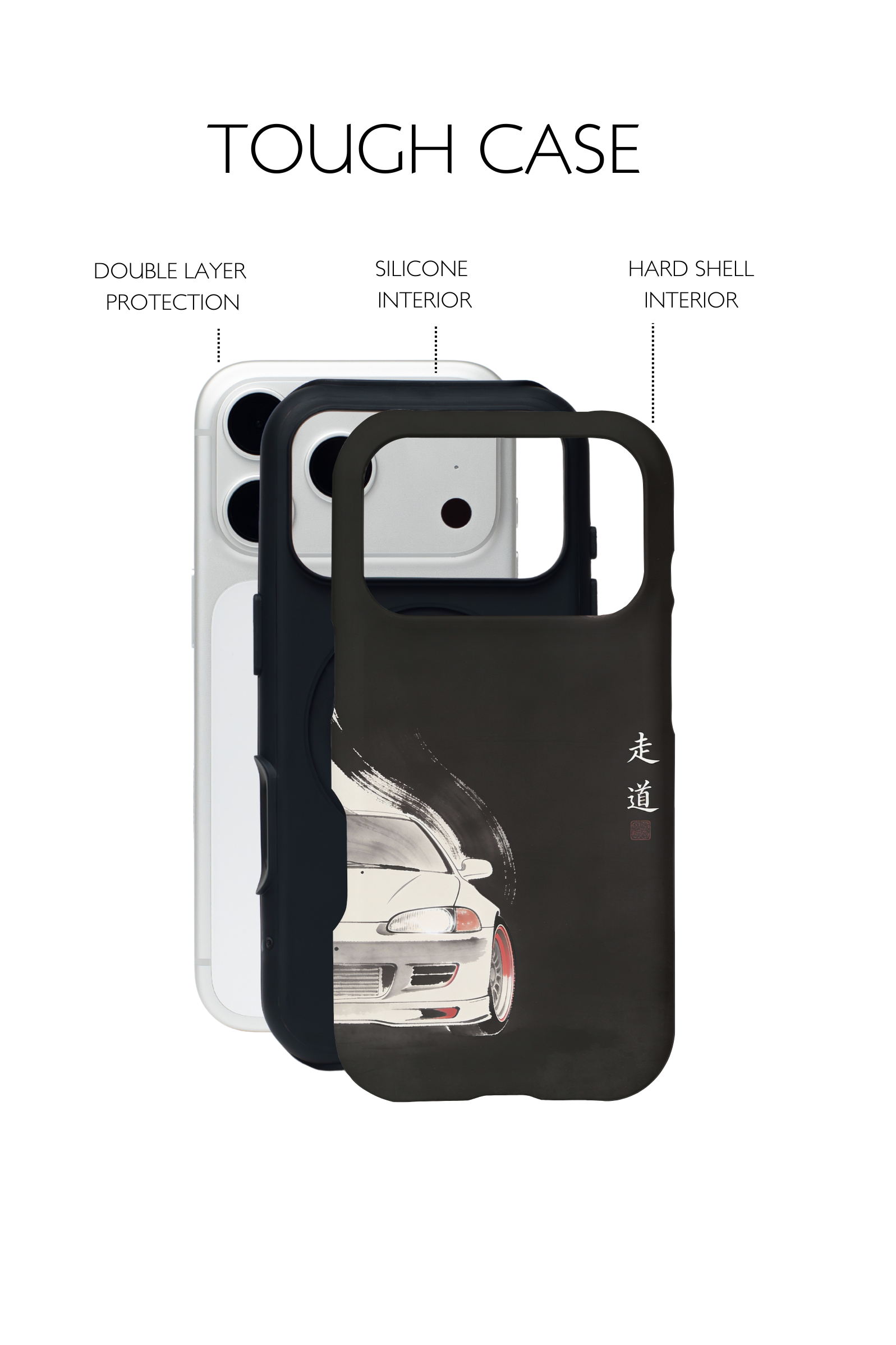 Japanese minimalist JDM car phone case featuring black sports car and red sun ink design