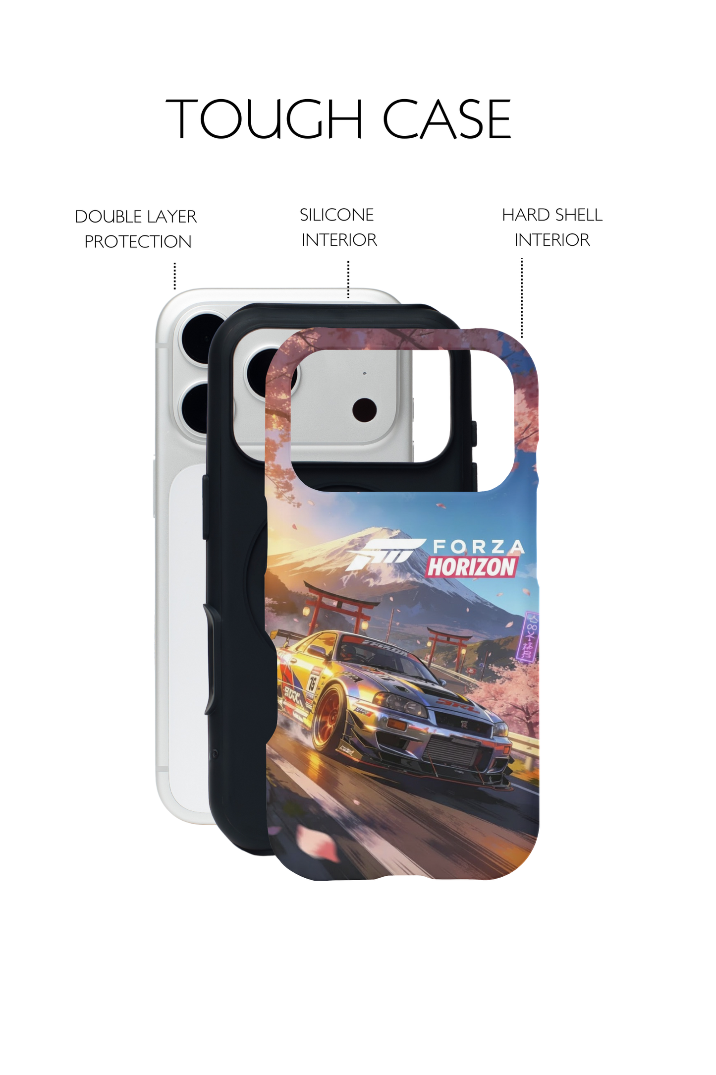 JDM racing car phone case with skyline drift car driving under cherry blossoms and Mount Fuji at sunset in Forza Horizon style.