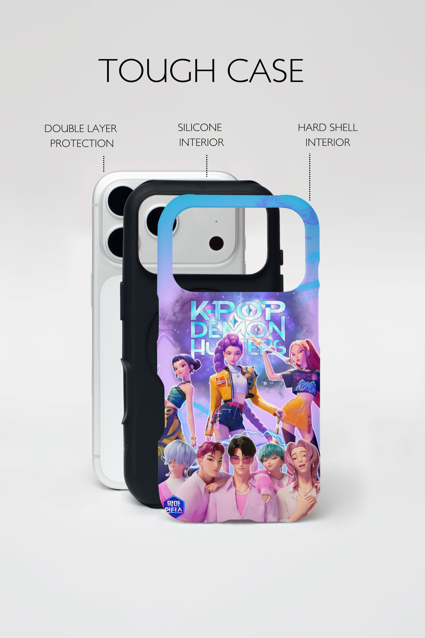 K-pop Demon Hunters phone case featuring colorful anime-style K‑pop idols and demon-hunting girl group on a purple galaxy background.