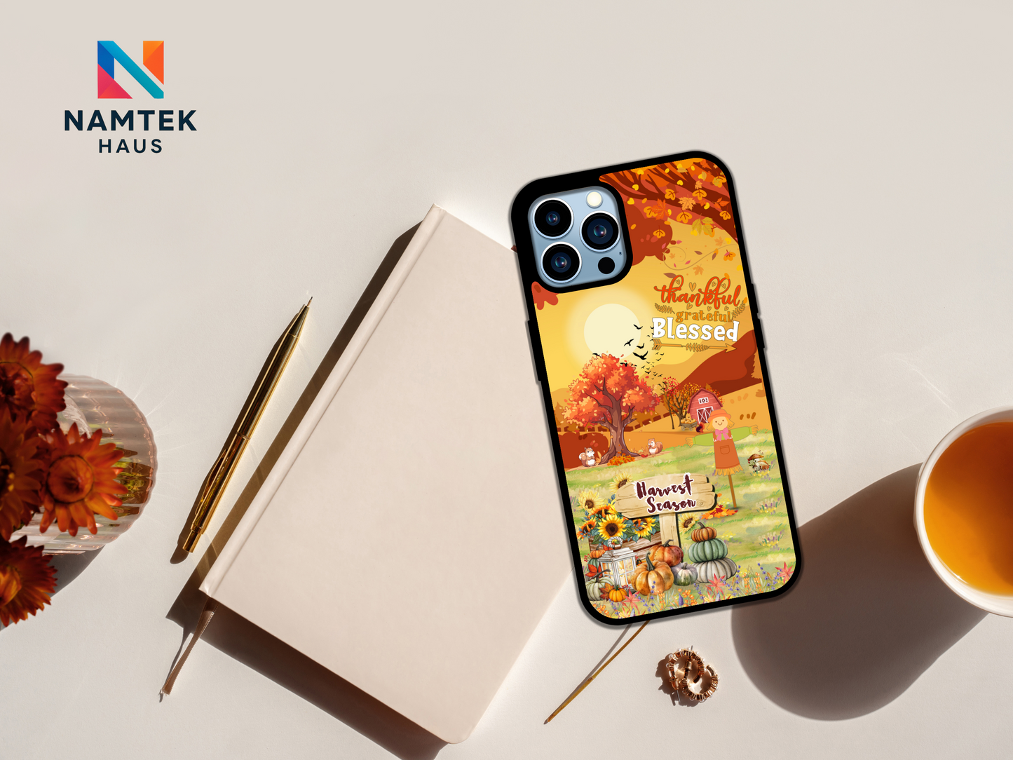 Thankful Grateful Blessed Harvest Season Phone Case – Fall Autumn Pumpkin & Sunflower Farm Design