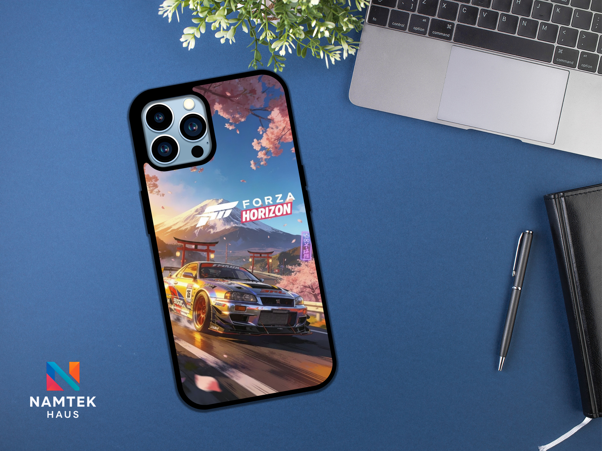 JDM racing car phone case with skyline drift car driving under cherry blossoms and Mount Fuji at sunset in Forza Horizon style.