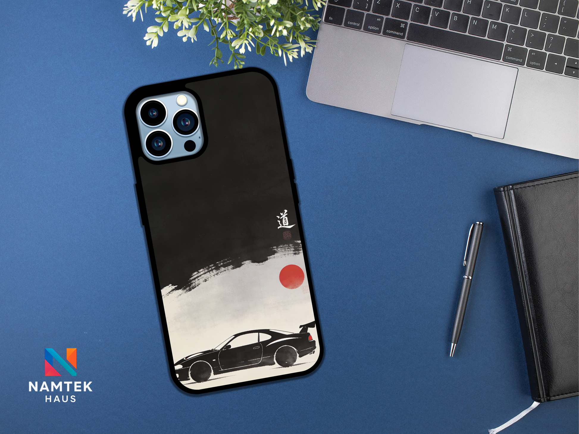 Japanese minimalist JDM car phone case featuring black sports car and red sun ink design